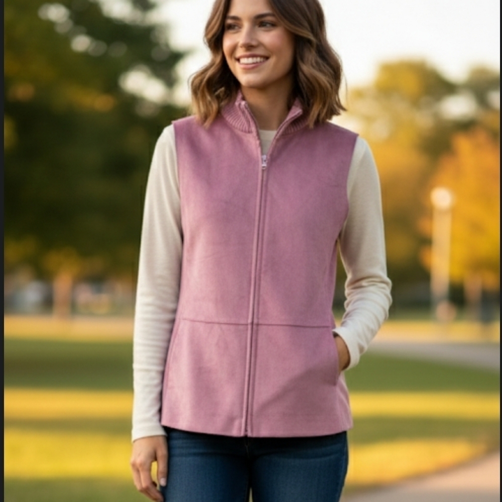 J. Jill Soft Suede-Look Zip Vest Mauve Pink Layering Size Medium